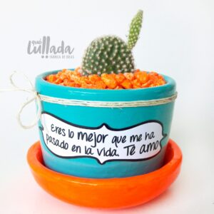 maceta celeste plato naranja neon piedra naranja
